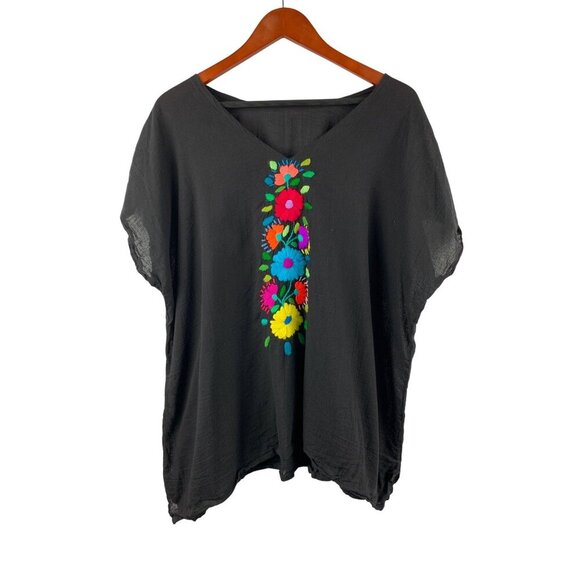 Black Short Sleeve Top With Colorful Floral Embroidery - Picture 1 of 3